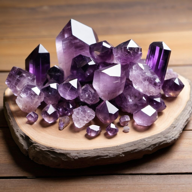 Stunning amethyst crystals on a wooden table